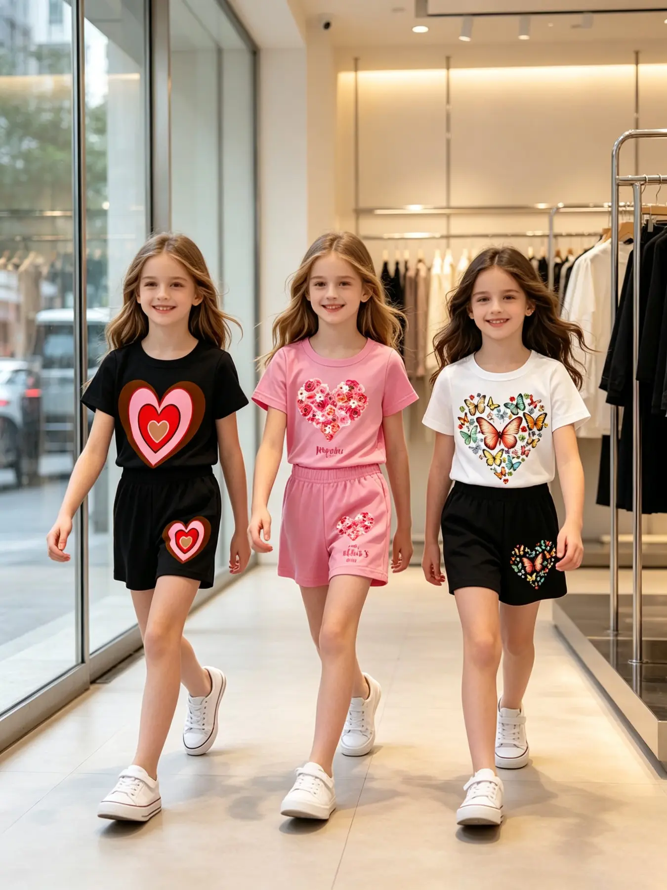 3 Pcs Heart Floral Butterfly Print Short Sleeve Shorts Set, Casual All-Season Slim Fit, Perfect for School, Outdoor, Home, Birthday, Shopping, Vacation