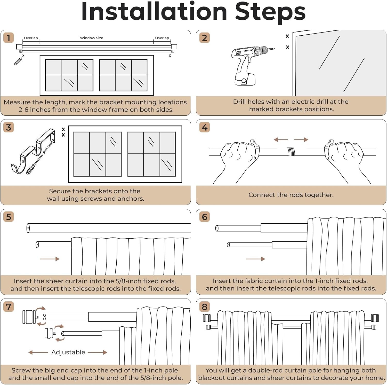 Inovaday Curtain Rods For Windows Double-Strand Series Matte Black Curtain Rods,Heavy Duty Curtain Rod With Connection Point And Telescopic Structure Section