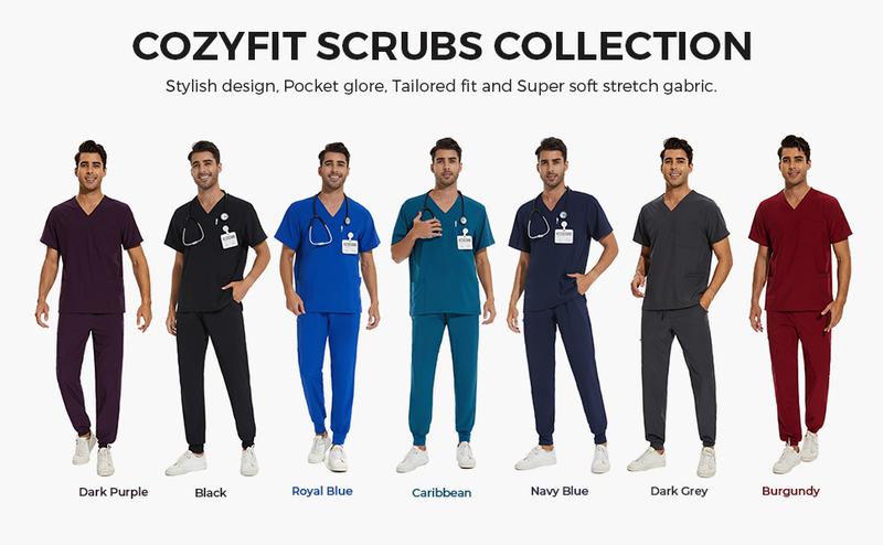 COZYFIT Scrub Top for Men Caribbean Blue Stretch V-Neck with 3 Pockets Anti-Wrinkle Workwear Menswear Uniforms