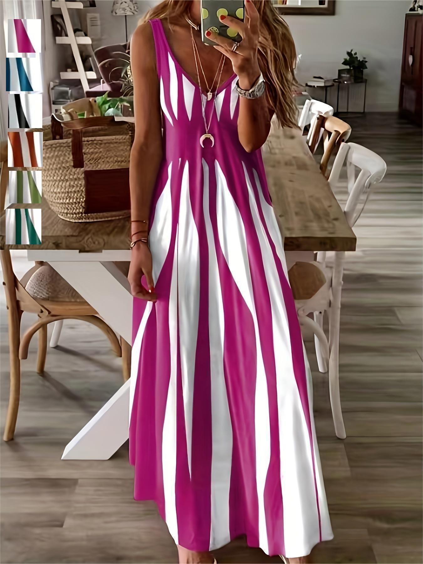 Summer New Arrival Women's Casual Sleeveless Striped V-Neck Long Dress, Casual Dresses, Casual Chic Dress, Sweet Style Elegance Loose-Fitting Daily Wear, Perfect for Outdoor Activities