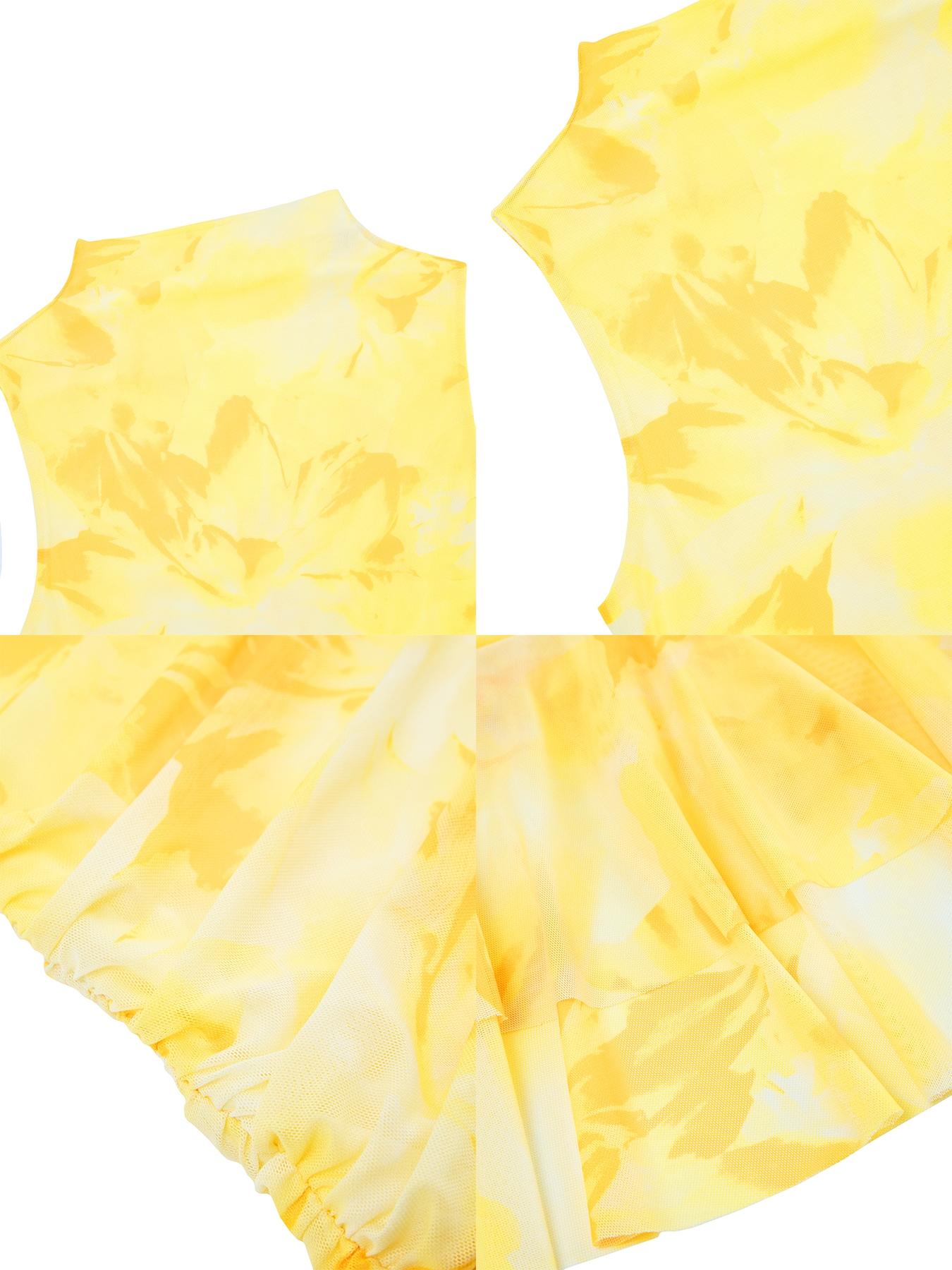 Aliling Elegant Casual Women's Printed Mini Dress, Stand Collar Sleeveless Ruffled Hem, Slim-Fitting Bodycon, All Seasons Spring Fashion