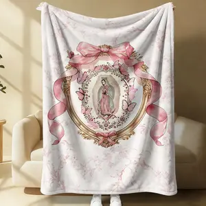 Our Lady of Guadalupe Flannel Throw Blanket, Cozy Warm Fleece Blanket with Pink Bow & Butterfly Print, Soft Plush Gift Blanket for Couch Bed Sofa, Decorative Religious Blanket for All Seasons, Perfect Gift for Friends & Family