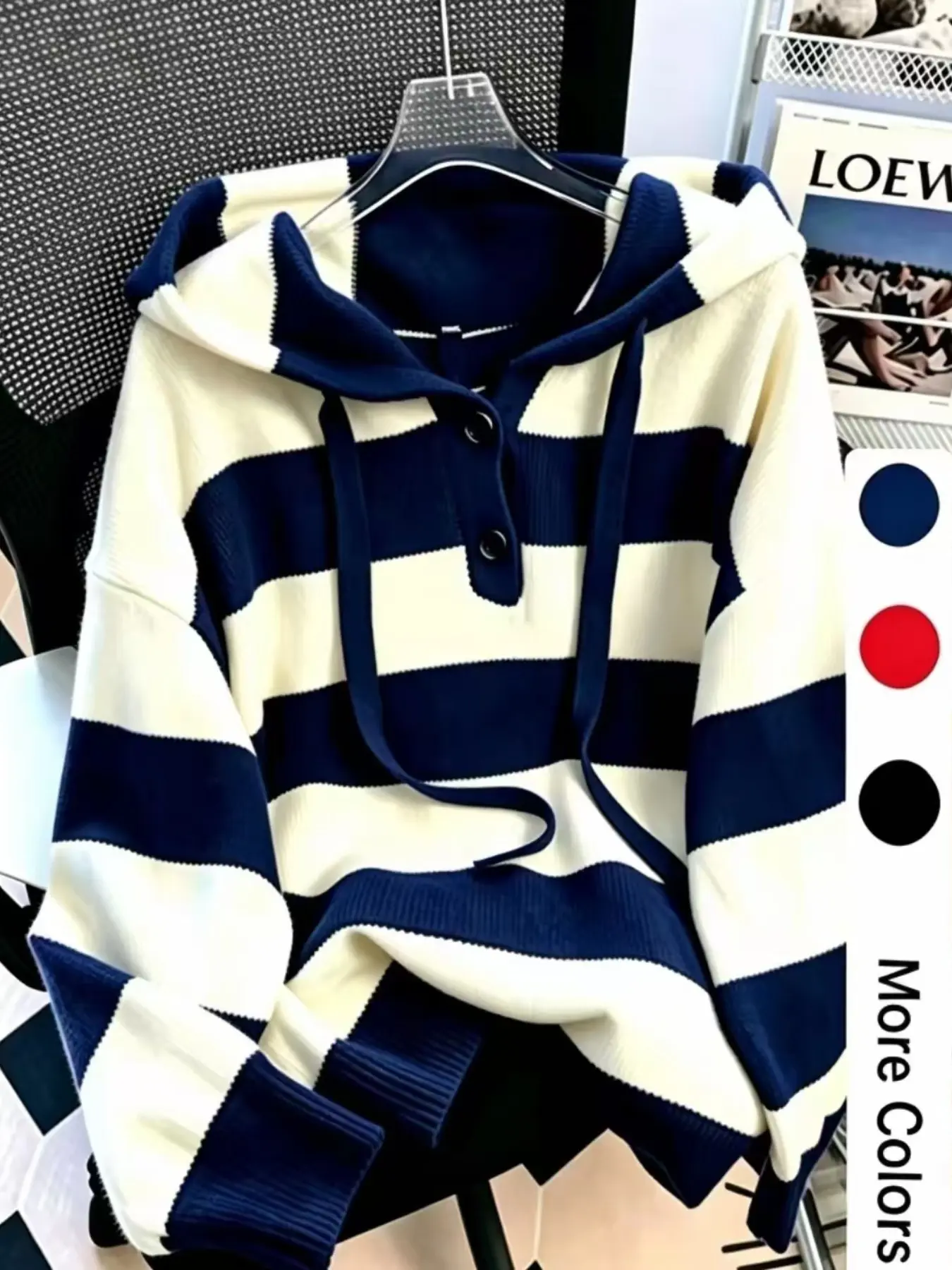 Women's Casual Striped Hooded Sweater, Fall Winter Fashion Warm, Multi-Color Options, Versatile Half Open Neck Drawstring Loose Fit Long Sleeve Knit Top, Drawstring Knit Hoodie