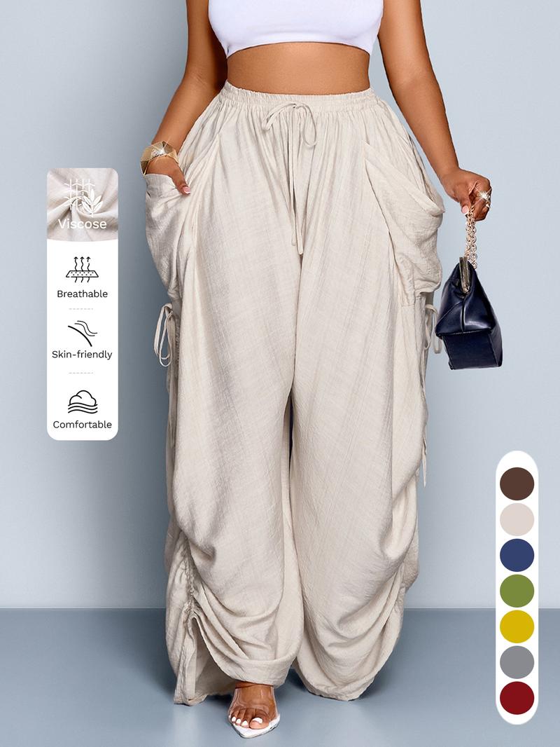 Women's Casual Loose-Fit Wide Leg Pants, All-Season Woven Fabric, Long Plain Design, Daily Commute & Vacation Wear