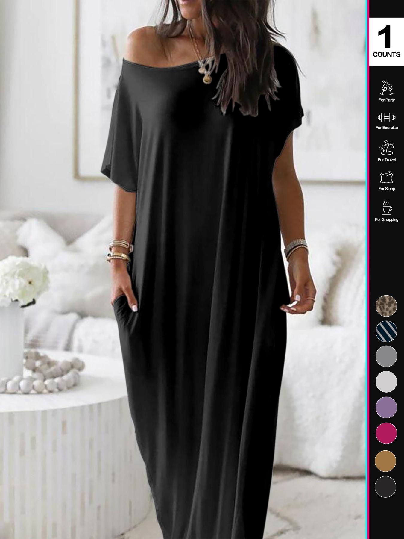 2026 Women's Solid Color Casual Loose Batwing Sleeve Loungewear Homewear Dress, Comfortable Daily Wearing Nightdress, Versatile Ladies' Sleepwear for All Seasons