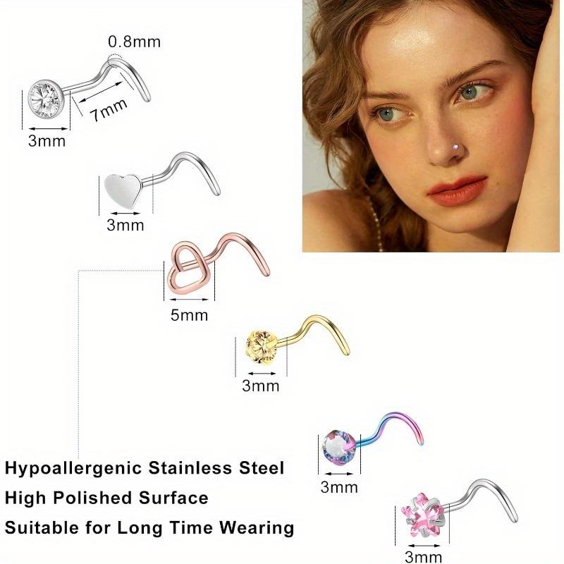 44PCS Hypoallergenic Nose Rings Set Surgical Stainless Steel Body Piercing Jewelry with Moon Star Heart Butterfly Designs Unisex Accessories for Women Men