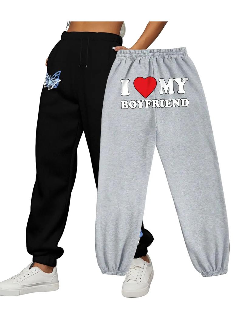 Women's Butterfly Print Drawstring Waist Sweatpants, Casual Pocket Jogger Pants For Spring & Fall, Women's Trousers For Daily Wear