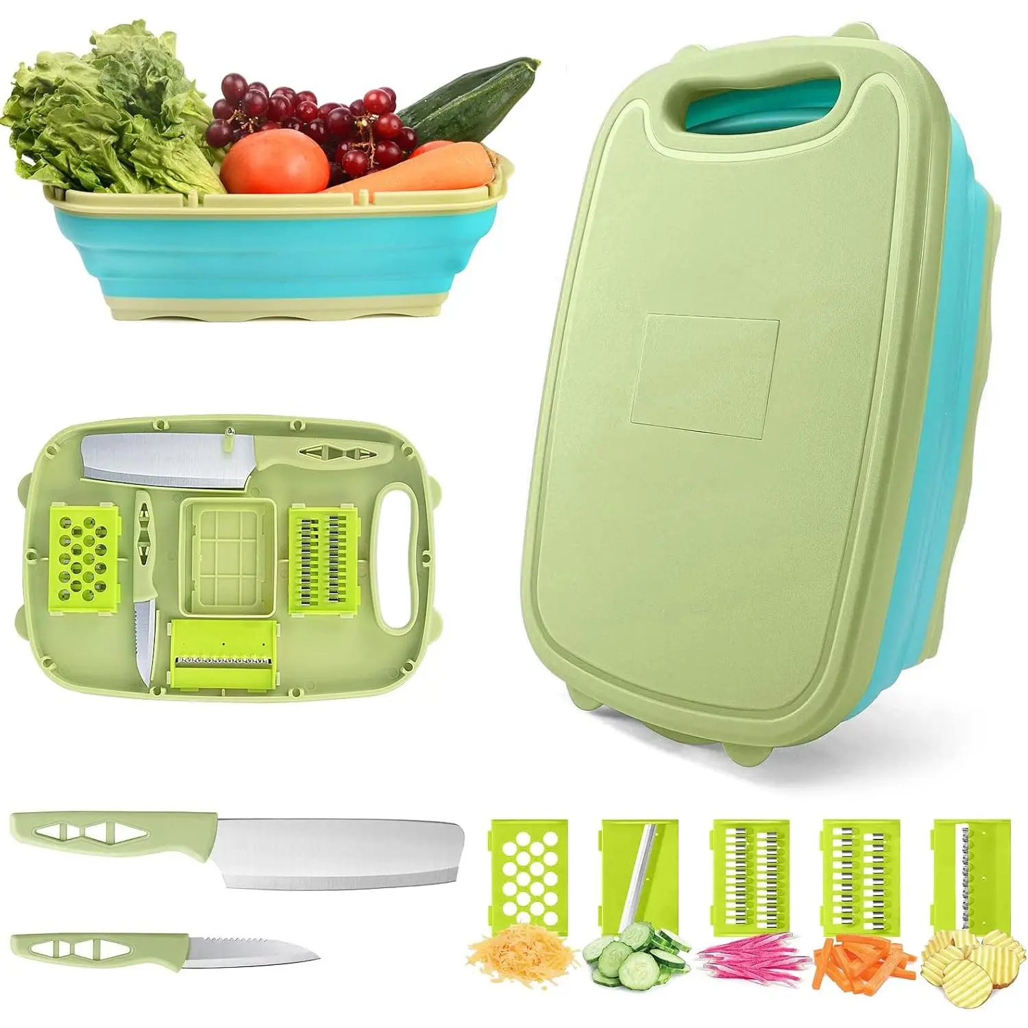 Camping Cutting Board,  Collapsible Chopping Board with Colander, 9-In-1 Multi Chopping Board Kitchen Vegetable Washing Basket for Camping,Camping Gifts Camping Accessories for RV Campers