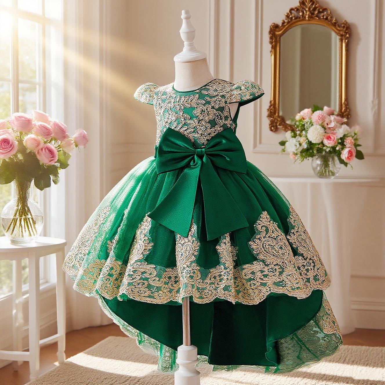 Champagne color dress with floral embroidery train design elegant and beautiful dress suitable for girls birthday party anniversary and prom Frill Trim Dress Birthday Party Dresses