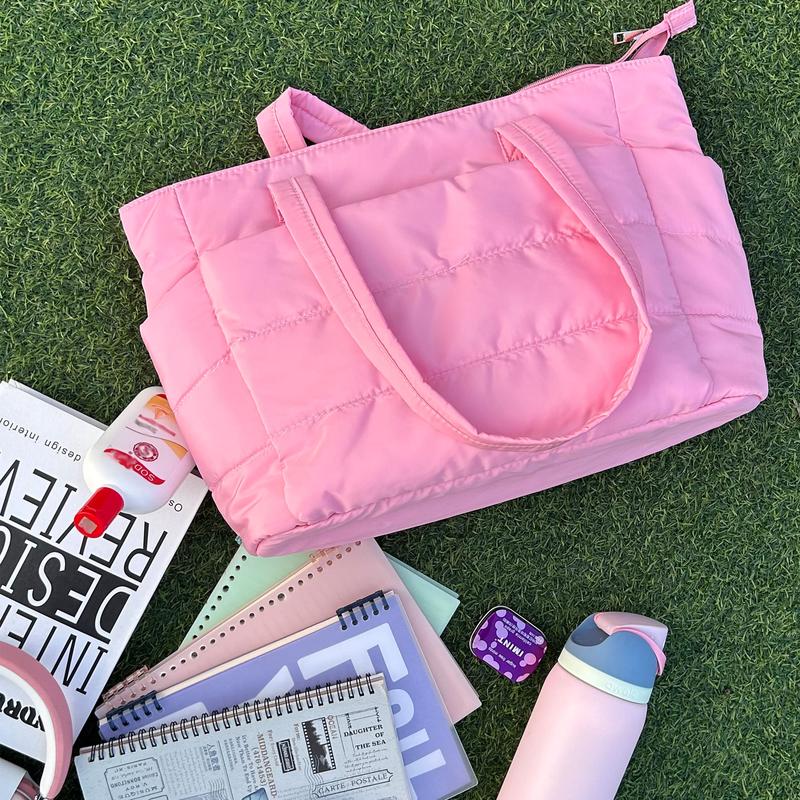 CozyLoucia Cute Puffer Tote Bag for Women Pink Flower Print Interior Laptop Shoulder Handbag, Lightweight Best Tote Bag for Work with Multiple Compartments for Travel , Work  and School ,Christmas Gift Ideas