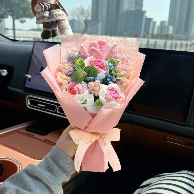 Handmade Crochet Rose Bouquet Yarn Knitted Fake Flowers, Christmas Mother's Day Valentine's Day Wedding Anniversary Gift