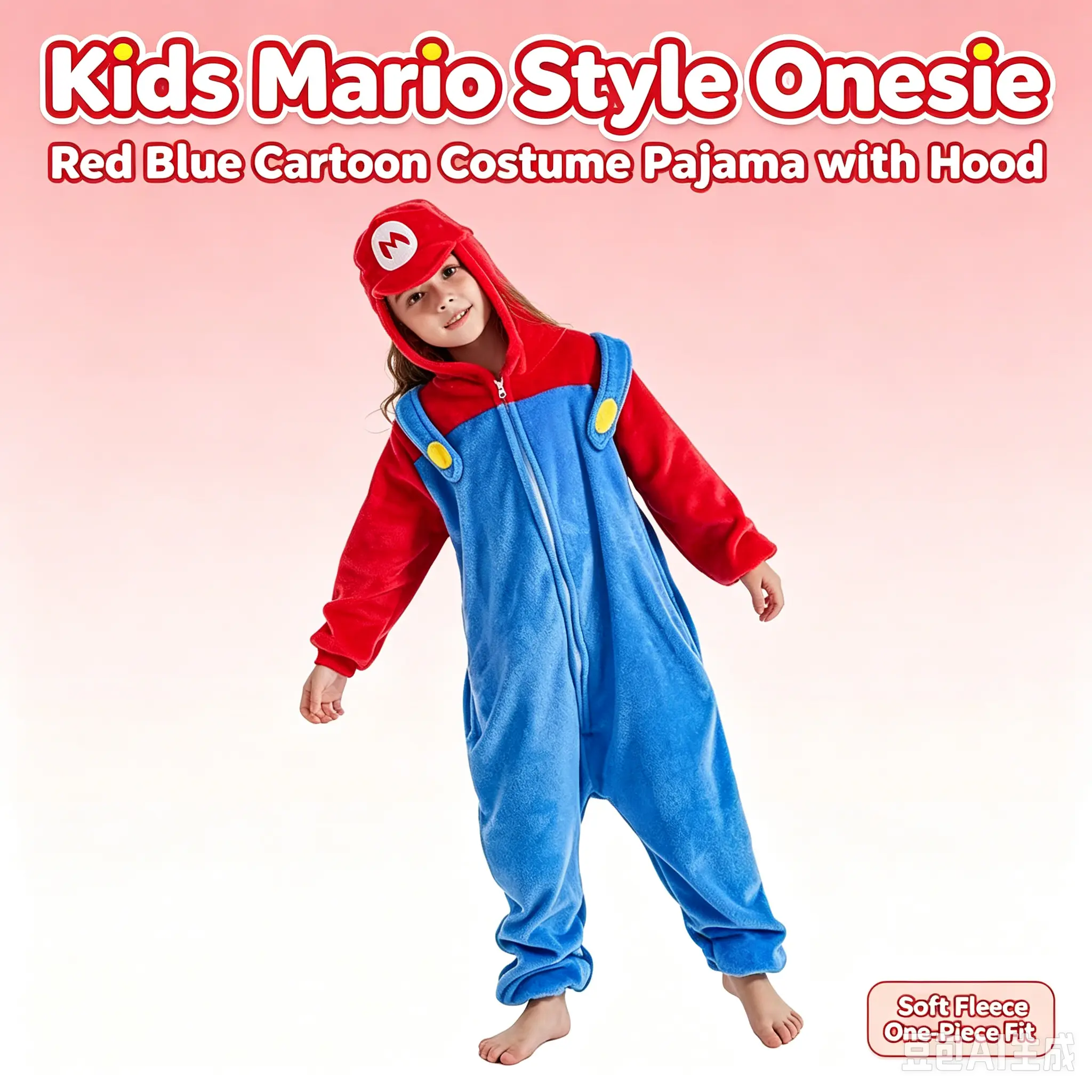 Kids Mario Style Fleece Onesie | Red Blue Cartoon Costume Pajama with Hood, Zip and Long Sleeves for Sleepovers, Halloween & Stage Shows