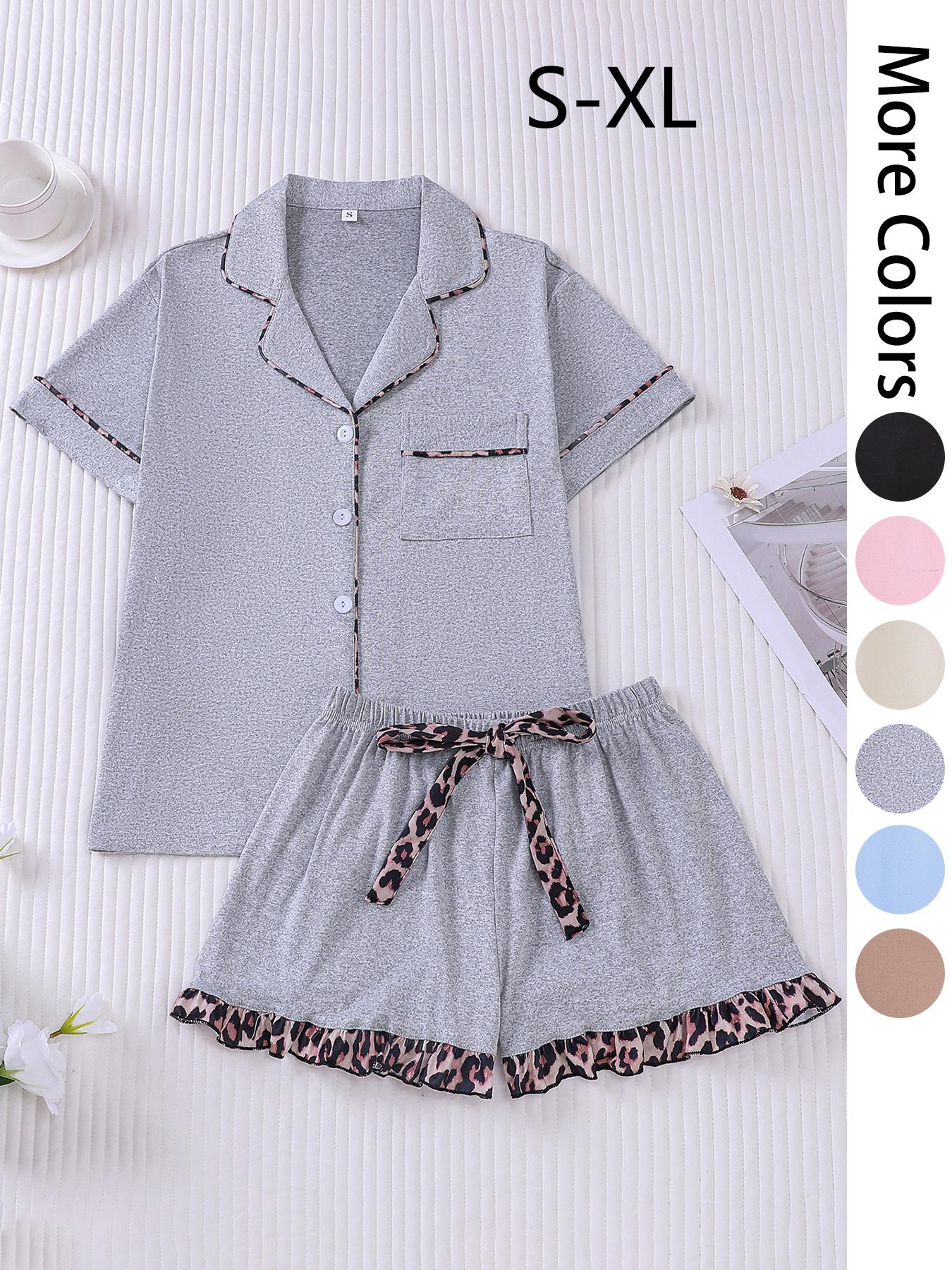 Women's Patchwork Contrast Binding Button Front Pocket Shirt & Ruffle Hem Shorts Pyjama Set, Casual Comfy Two-piece Pj Set, Ladies Summer Sleepwear, Pajama Set, Casual Lounge Sleep