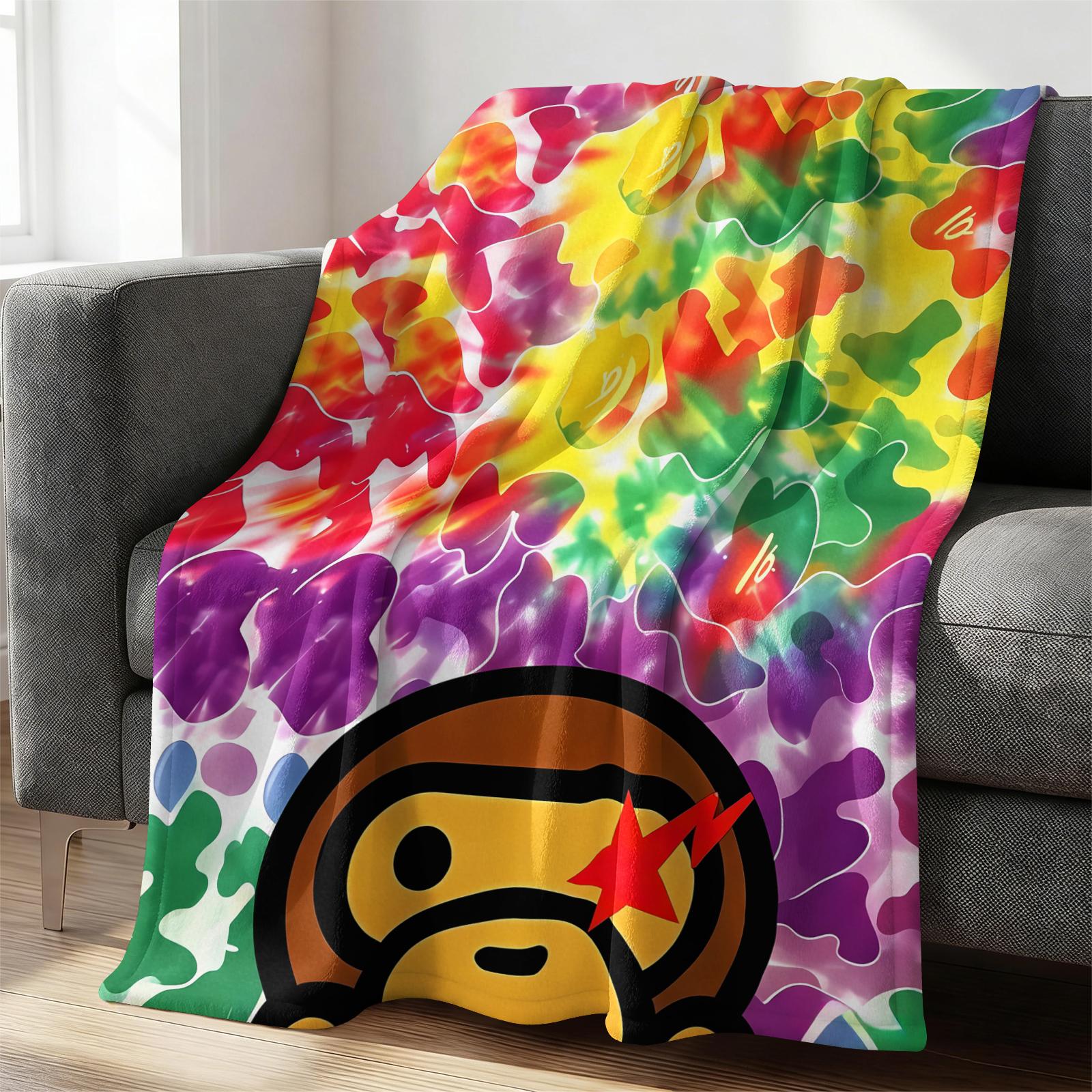 Blue Camouflage Cartoon Ape Red Star Lightning Bolts Flannel Blanket, Soft and Lightweight Durable, Ideal for Bedroom Dorm Gaming Room Decor, Sofa Throw Cover, Office Nap Mat, Car Cover Blanket and Cool Gift
