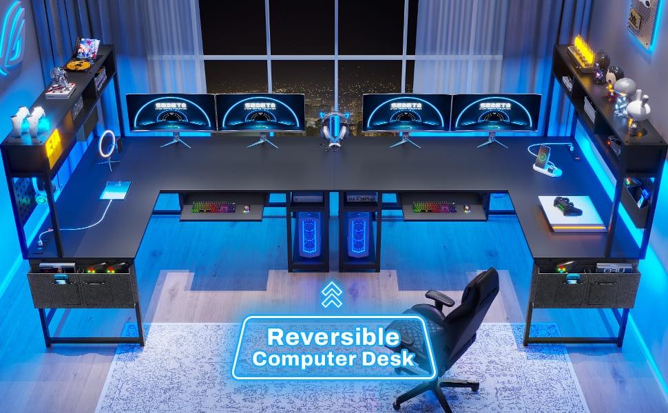 Sikaic L Shaped Reversible LED Gaming Desk with Power Outlets