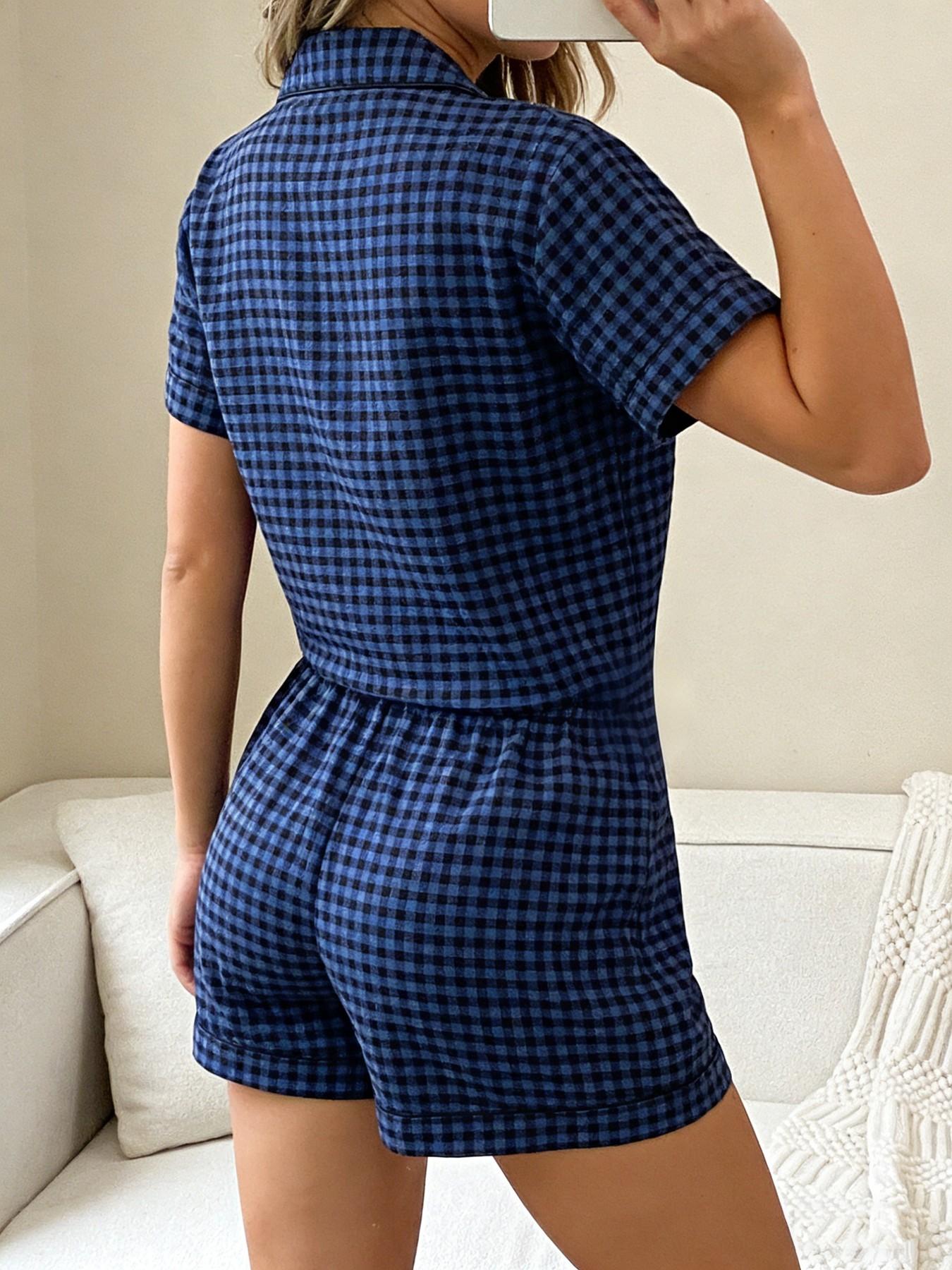 Women's Short Sleeve Button Down Top and Shorts Pajama Set, Spring Summer Wear, For Retro British Style Girls, Blue Black Gingham Print, Classic Lapel Collar, Loose Fit, Comfortable For Home & Short Trips