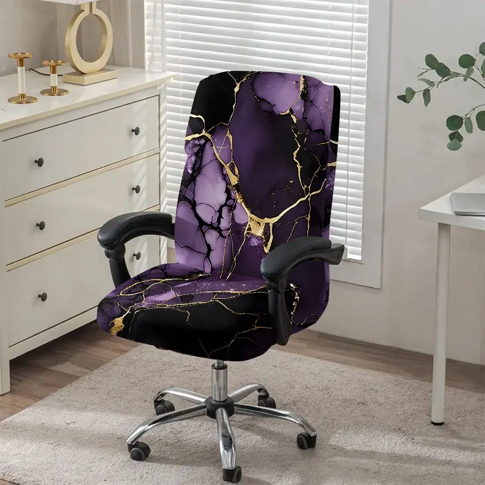 Purple-black-gold gilded marble texture pattern printed stretch all-cover office chair cover, anti-slip washable zipper office chair cover, suitable for office, bedroom and game chair decoration, as well as a holiday gift