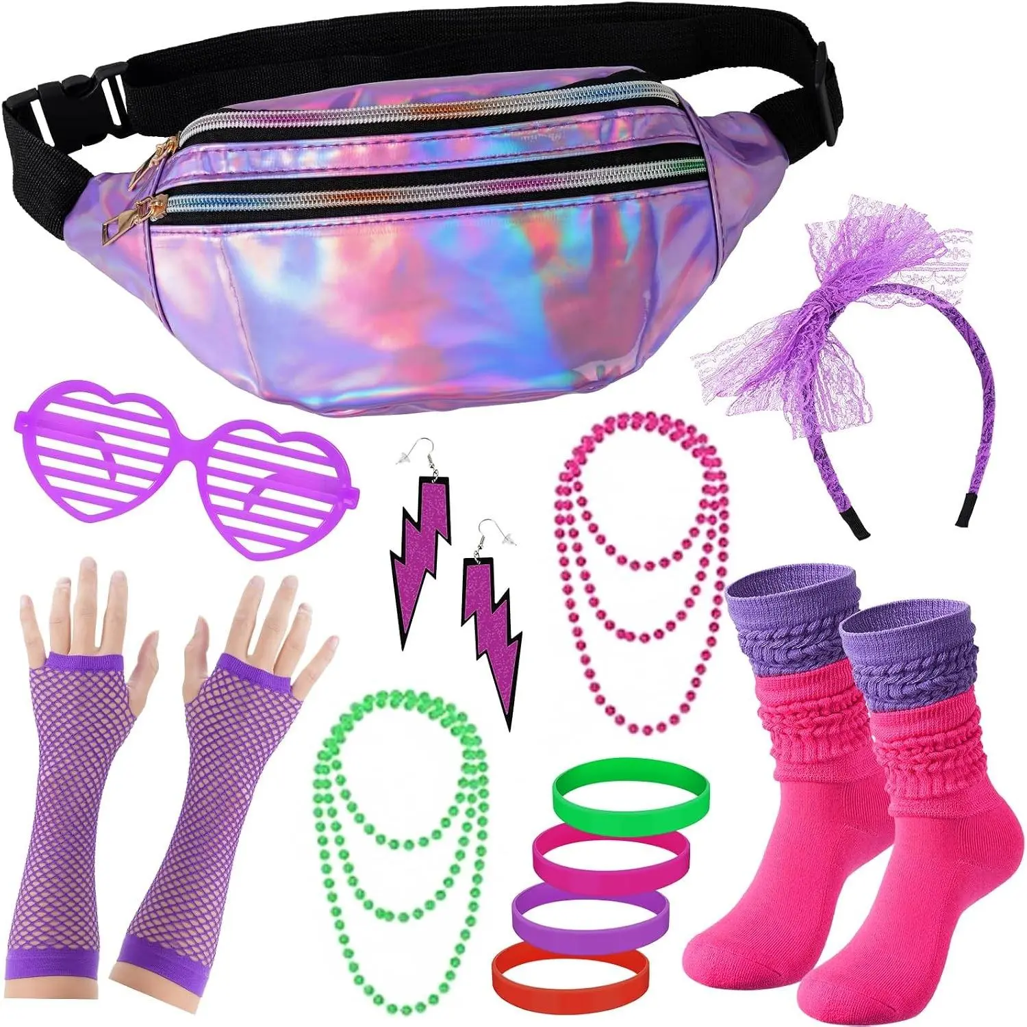 Women's Neon 80s Costume Accessories Set with Fishnet Gloves and Lace Headband for 80s 90s Rave Disco PartyGift