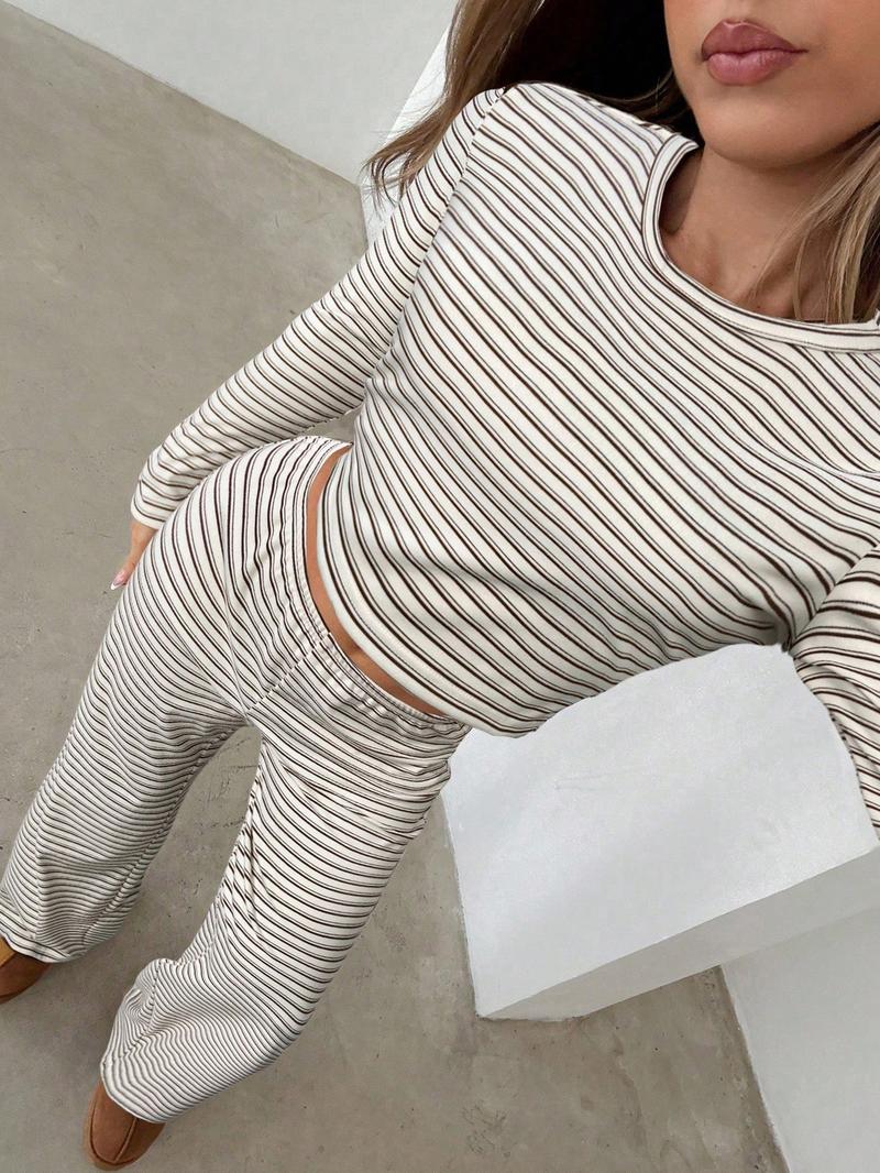 Women's Casual Striped Long Sleeve Top & Pants Set, Slim-Fit Comfortable for Daily Wear, Stylish Two-Piece Clothing Ensemble