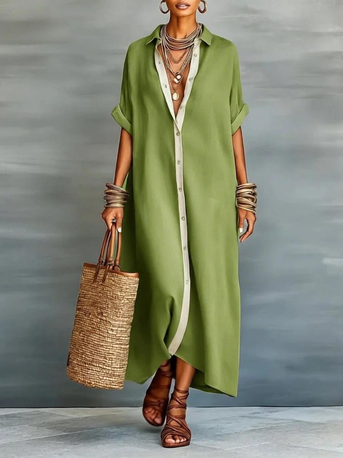 Women's Casual Colorblock Collared Button Front Long Dress, Boho Bohemian Lazy Style Short Sleeve Sun Protection Shirt Dress for Summer Vacation Boho Beach Sundress