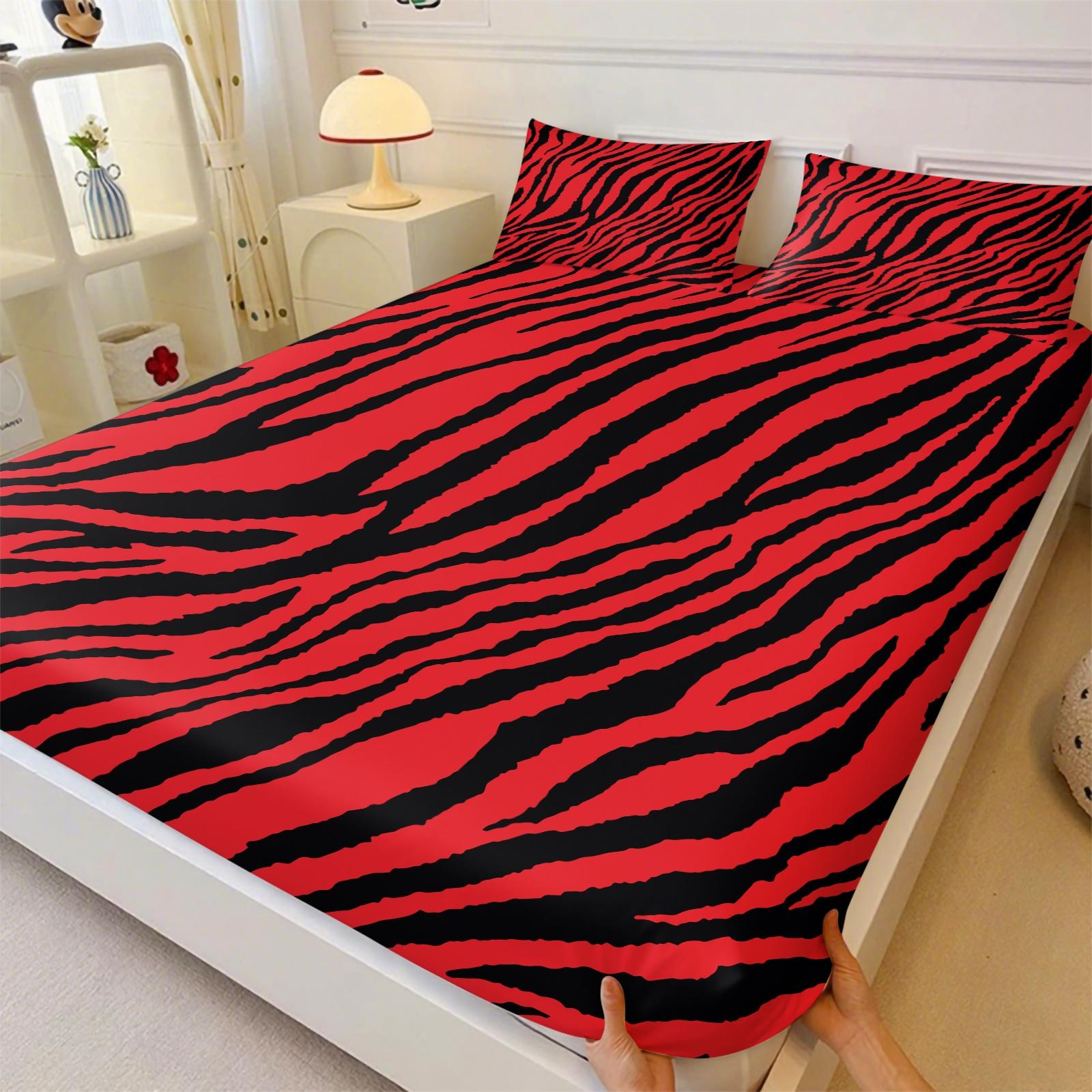 Black & Pink Zebra Print Fitted Sheet Set, 1 Bed Fitted +2 Pillowcases No Core, Hot Pink Base with Black Zebra Print, Y2K Millennial Style Bedding Non-Slip, Soft Breathable Fabric, Girls Bedroom Decor