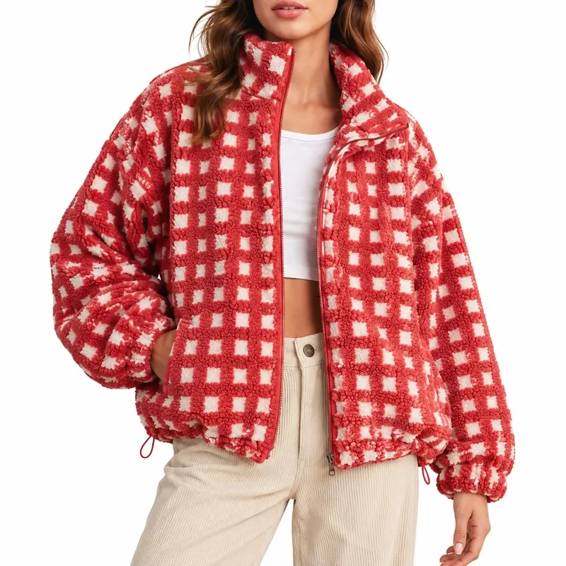 Women's Casual Basic Checkered Sherpa Fleece Zip-Up Jacket - Lady's Plaid Stand Collar Cropped Teddy Coat, Oversized Fuzzy Long Sleeve Outerwear with Drawstring Hem for Fall Winter Everyday Wear