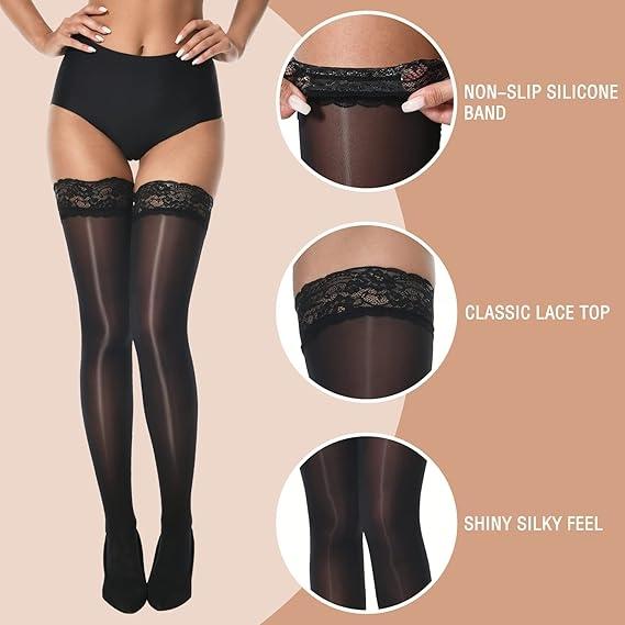 3 Pairs Shiny Wide Hem Stockings, Transparent Silk Thigh Socks, Soft Lace Top, Dual Layer Silicone, Perfect for Any