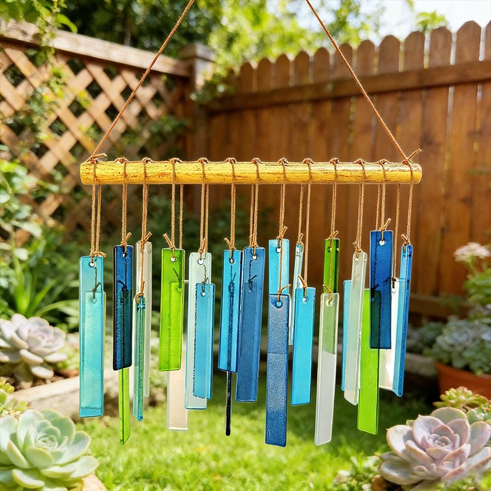 Spring Colorful Glass Handmade Wind Chime, Rectangular Frosted Glass, Outdoor Garden Yard HDecor, Boho Style Home Decoration