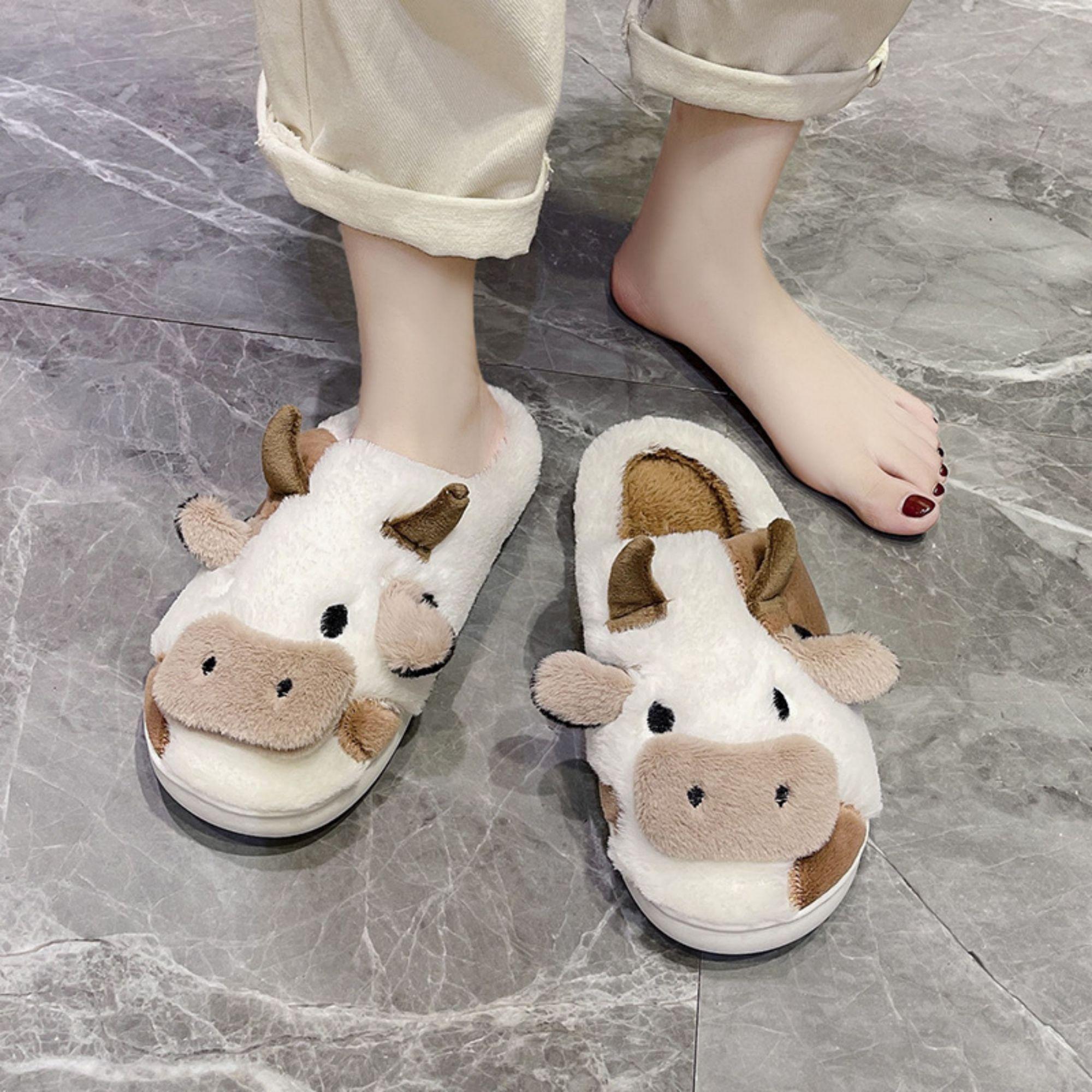 Cartoon Cow Cotton Slippers, Winter Indoor Outdoor Slippers for WomenWinter Warm Shoes