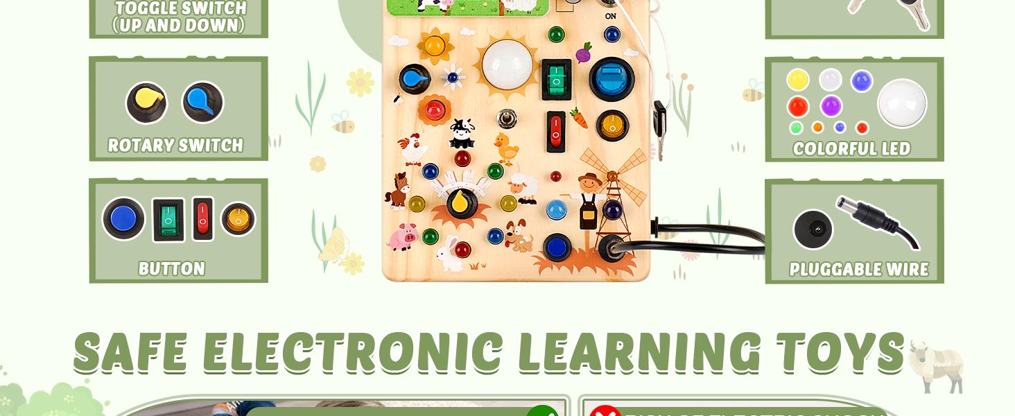 Joyreal Montessori Sensory Toys, Square-Shaped Wooden Busy Board with LED Light Up Switches,  Portable Learning Kids Toys,Christmas Gifts Ideas
