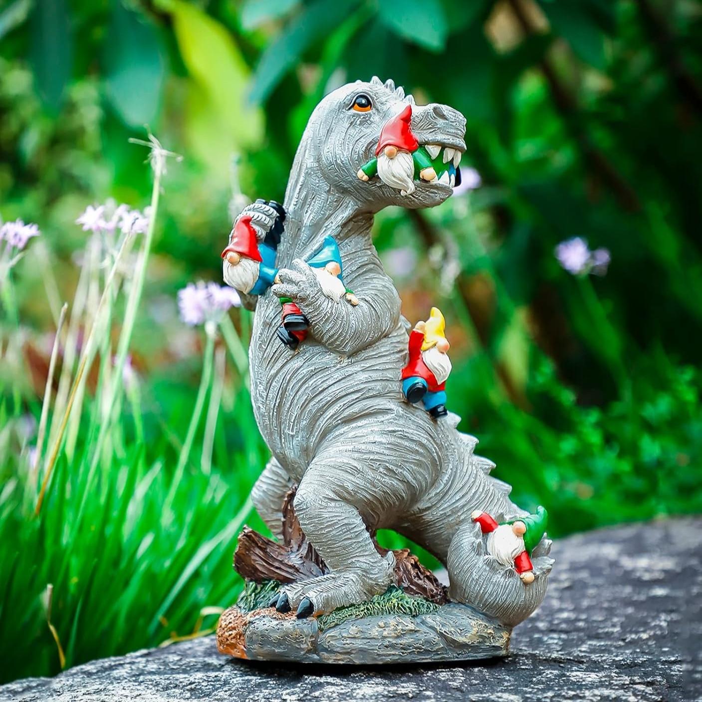 Dinosaur Eating Dwarf Garden Statue, Outdoor Yard Art Decor, Patio Lawn Courtyard Sculpture, Moving Gift for New Home