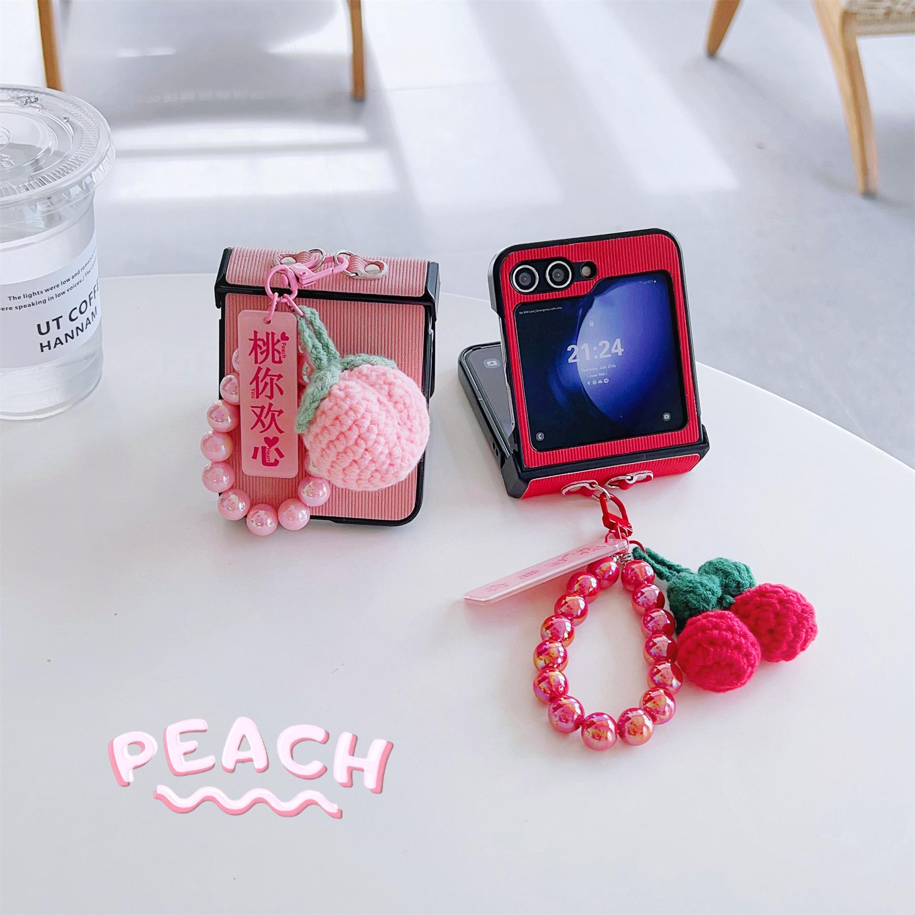 Korean Cute Peach Cherry Beads Ring Pendant Stripes Case for Samsung Galaxy Z Flip 7 Z Flip6 Zflip5 Zflip5 Back Cover