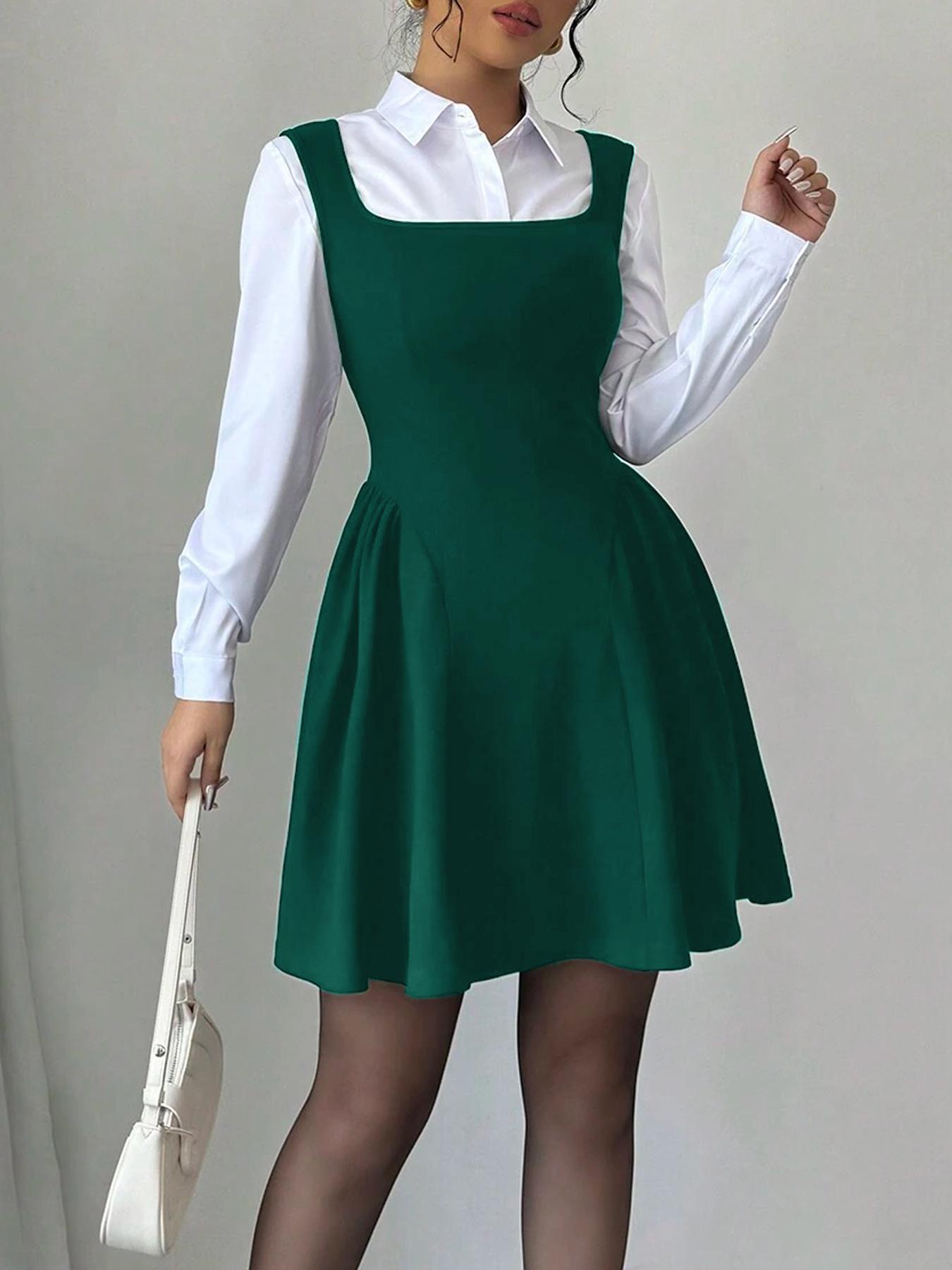 Women's Square Neck A-Line Dress, Slim-Fitting Ruffled Hem, Casual Wear for All Seasons, Perfect for Commuting and Daily Use