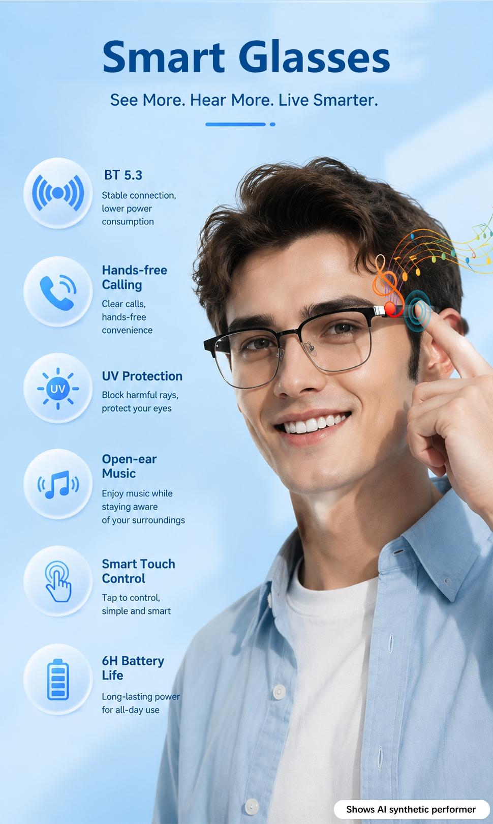 Bluetooth Audio Smart Glasses with Touch Control & Voice Assistant, Photochromic Outdoor Sunglasses, Open Ear Music & Hands-Free Calls, Blue Light Blocking Eyeglasses for Work Travel, Wireless Audio Glasses, Wireless Audio Eyewear