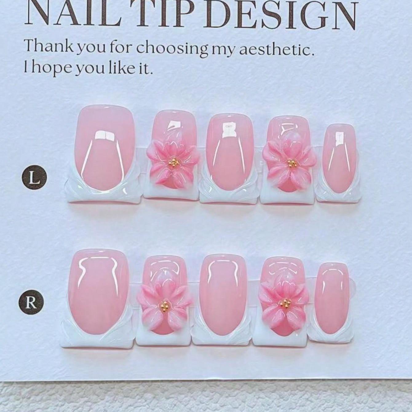 10-Piece Y2K Nail Set, Fashion Duckbill Shape Press On False Nails Kit, Handmade Style, 3D Flowers & Gold Beads, DIY Manicure Tools, Handmade Acrylic Nails