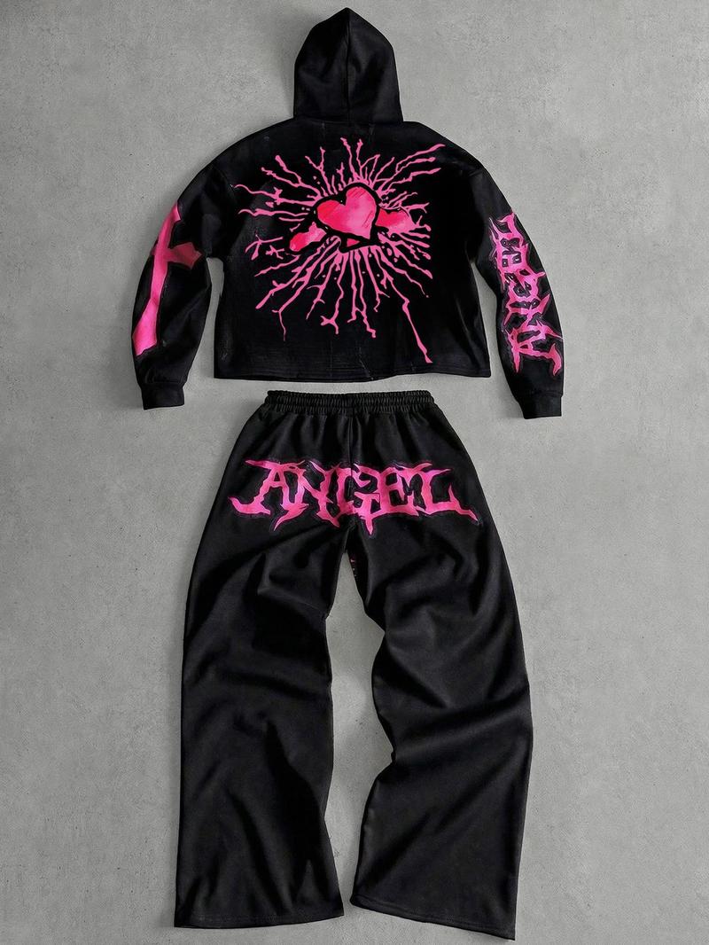 Tiktok Trendy Y2K Style Angel Hoodie & Long Pants Set, Unisex Fall Winter Fleece Sweatshirt, Streetwear Gothic, Couples Fashion Gift