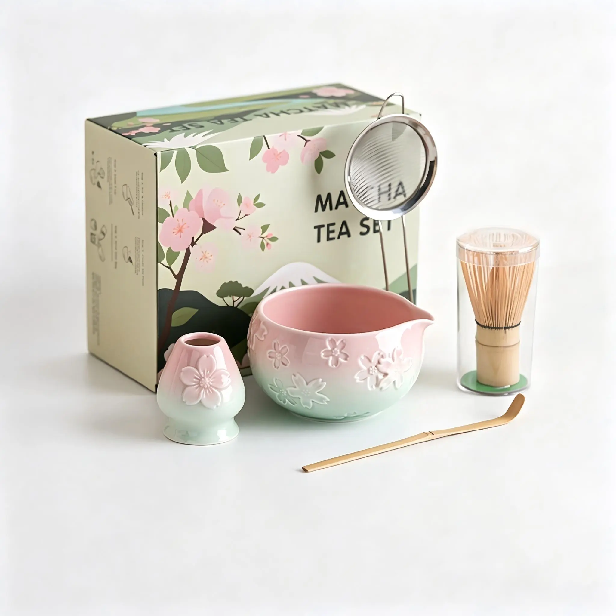 Traditional Japanese Matcha Tea Set, Includes Ceramic Bowl, Bamboo Chasen, Stainless Steel Sieve, Cotton Teapot Spoon, Ideal for Home or Café