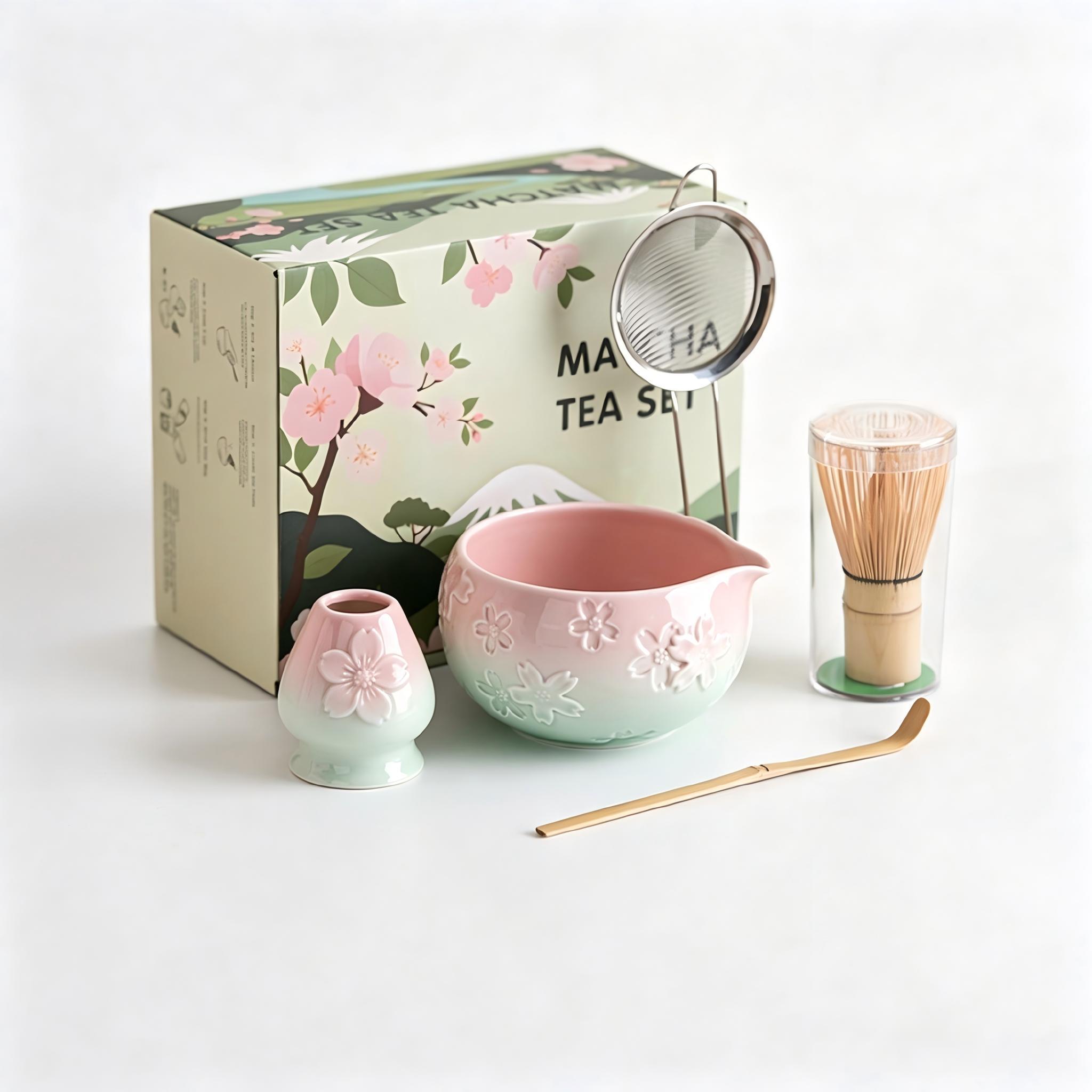 Traditional Japanese Matcha Tea Set, Includes Ceramic Bowl, Bamboo Chasen, Stainless Steel Sieve, Cotton Teapot Spoon, Ideal for Home or Café
