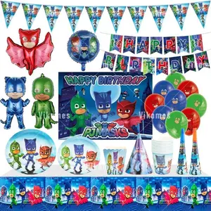 PJED Masksed Balloons Happy Birthday Banner Cartoon Super Hero Disposable Tableware Background Cake Topper Party Decor Stickers