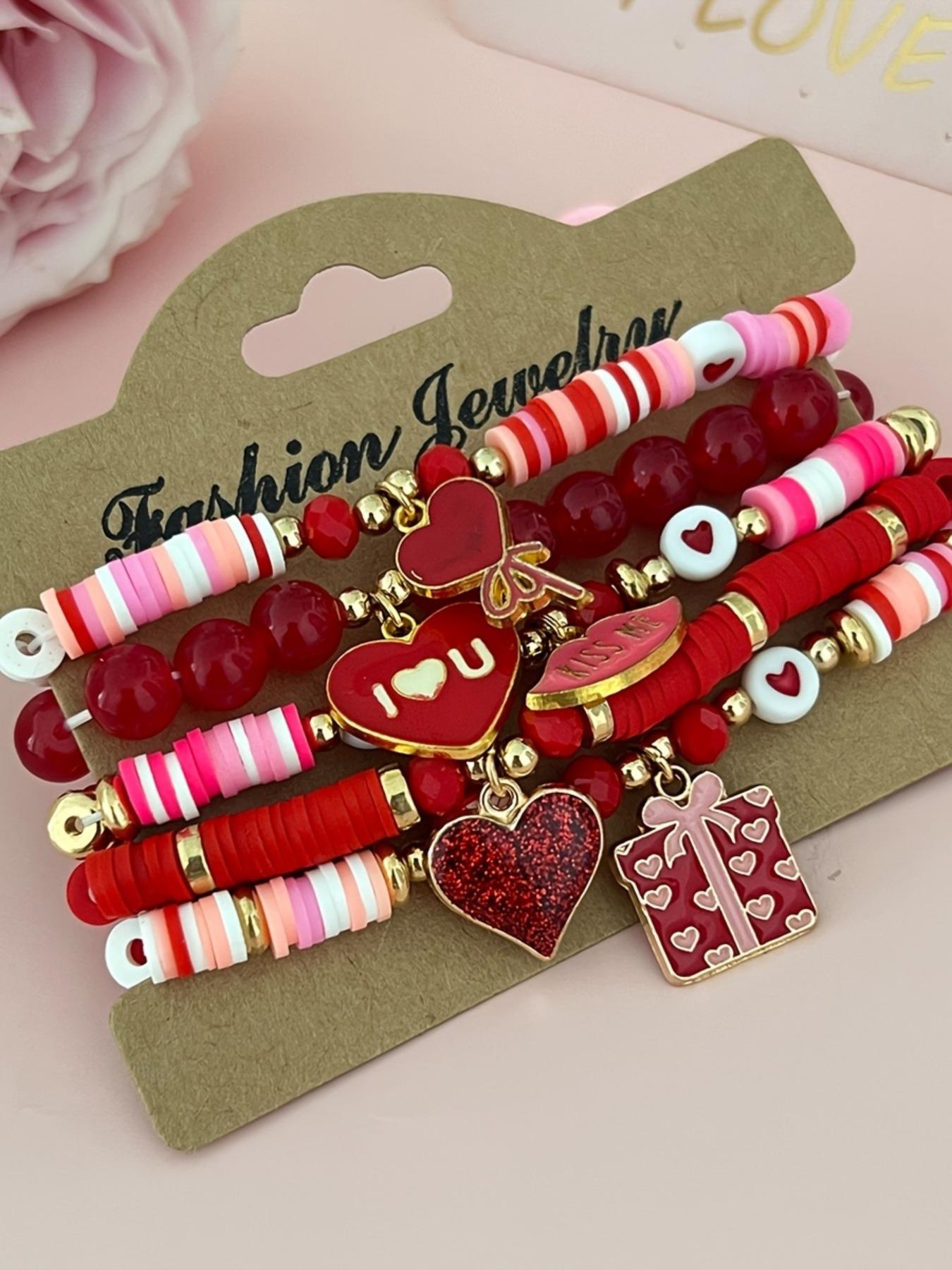 Valentine's Day Handmade Soft Clay Bracelet Set, Elastic Beaded Heart Pendant Jewelry Gift, Perfect for Couples & Romantic Gifts, Trendy Jewellery Accessories