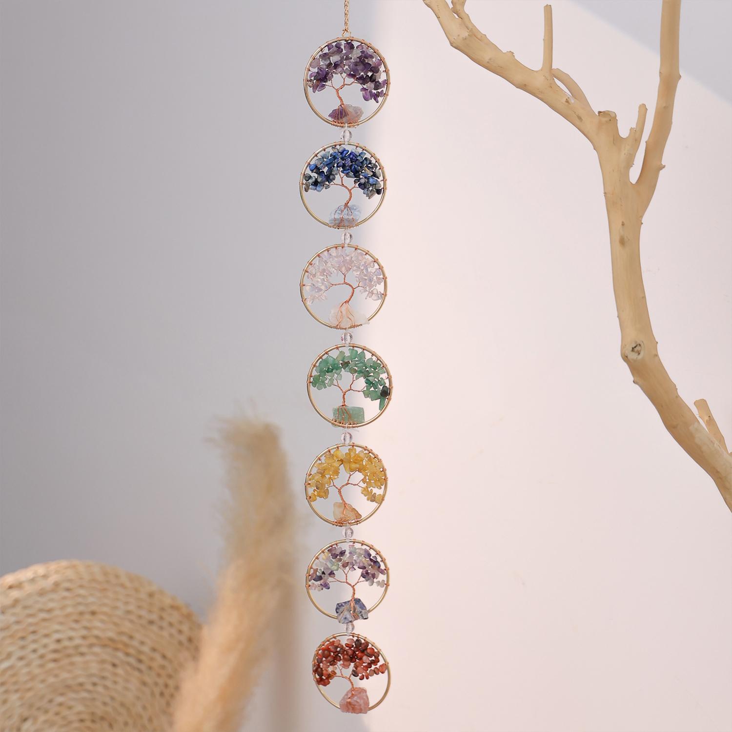 Seven Chakra Dream Catcher, Handmade Tree of Life Design Boho Interior Indoor Outdoor Hanging Decoration, Decorative Wall Art, Unique Artwork, Festive Ornament, Holiday Decor, Tree of Life Motif, Birthday Gift for Boys Girls