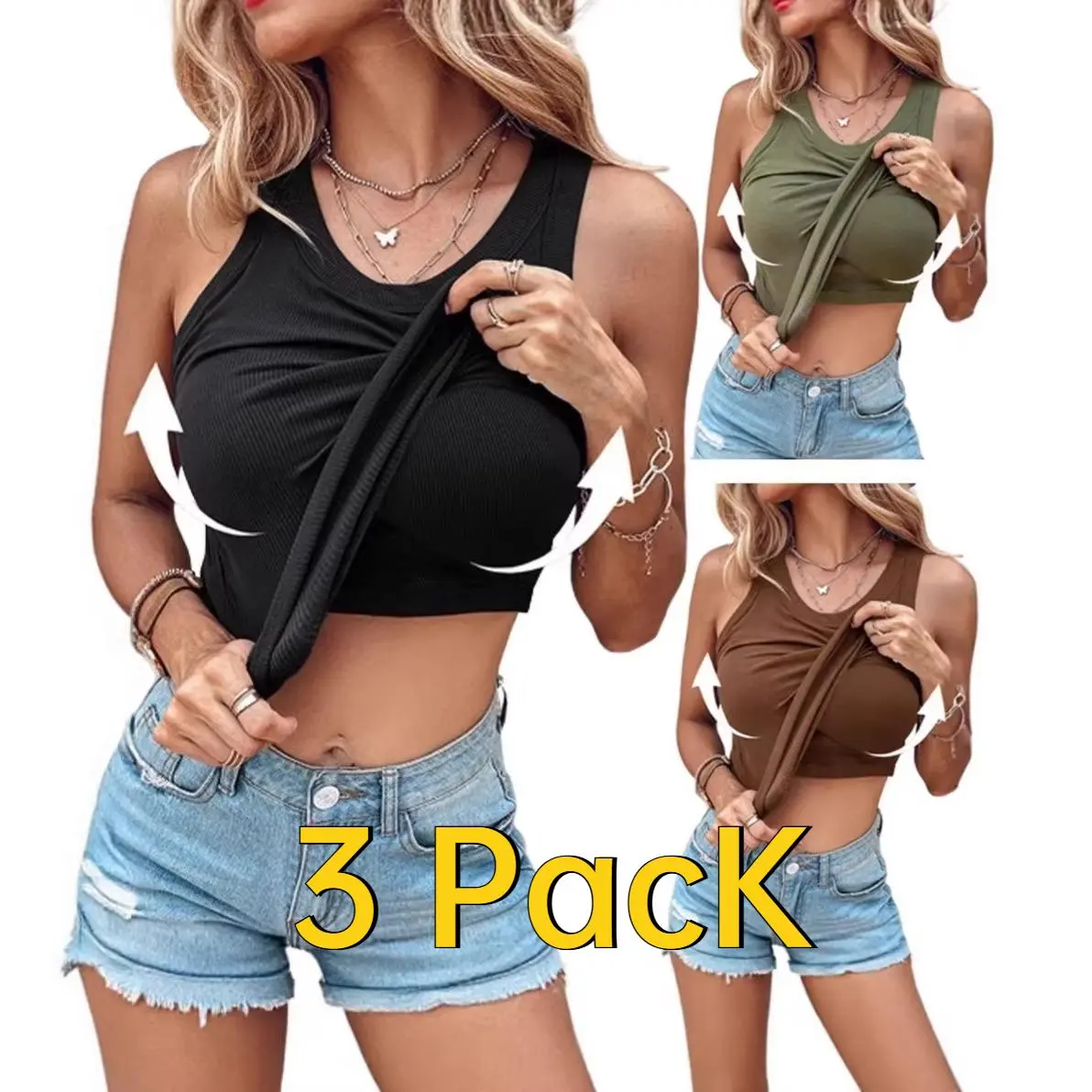 3PCS/1PCS Green Black Brown Women's Sleeveless Vest with Chest Pad - Solid Color Elegant Sleeveless Blouses Suitable for Yoga, Gym, Commuting & Layering, Hand Washable Built In Bra Crew Neck Stretch Slim Fit Basic Camisole Shirts for Daily Workout