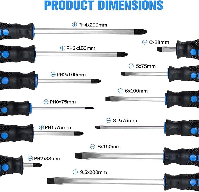 Magnetic Screwdriver Set 12 PCS with Black tips, 6 Phillips and 6 Flat Head Screwdrivers, with Go-Thru Steel Blades, High Torque for Fastening and Loosening (Black Tip_Matt Blade)