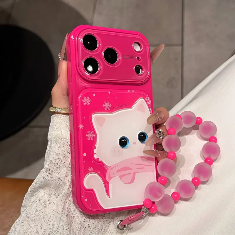 Women's Cat Cartoon Anime Scarf Cellphone Case with Bracelet Style, Shockproof Anti-Drop Casing, Protective Cover for iPhone 18 Pro Max, 17 Pro Large Window, 16,15,14,13 Models