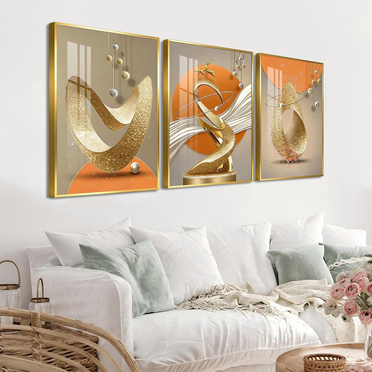 3 Counts Aluminum Alloy Framed Painting, Modern Abstract Golden Sculptural Art Pictures, Home Decoration For Living Room, Bedroom, Office, Restaurant, Hallway Wall Decor, Odorless Print Artwork, Luxury Perfect Gift For Friends And Family