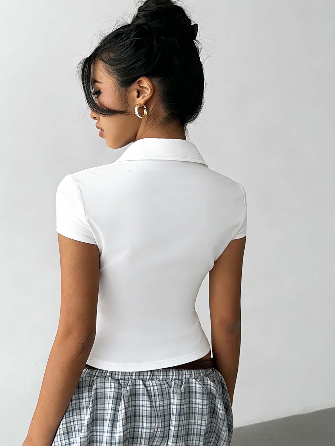 tiktokshopspringglowup Y2K White Pocket Button Up Shirt, Slim Fit Crop Top, Short Sleeve Casual Blouse, Summer 2025 Trendy Women's Clothing, Streetwear Aesthetic, Office Casual Outfit