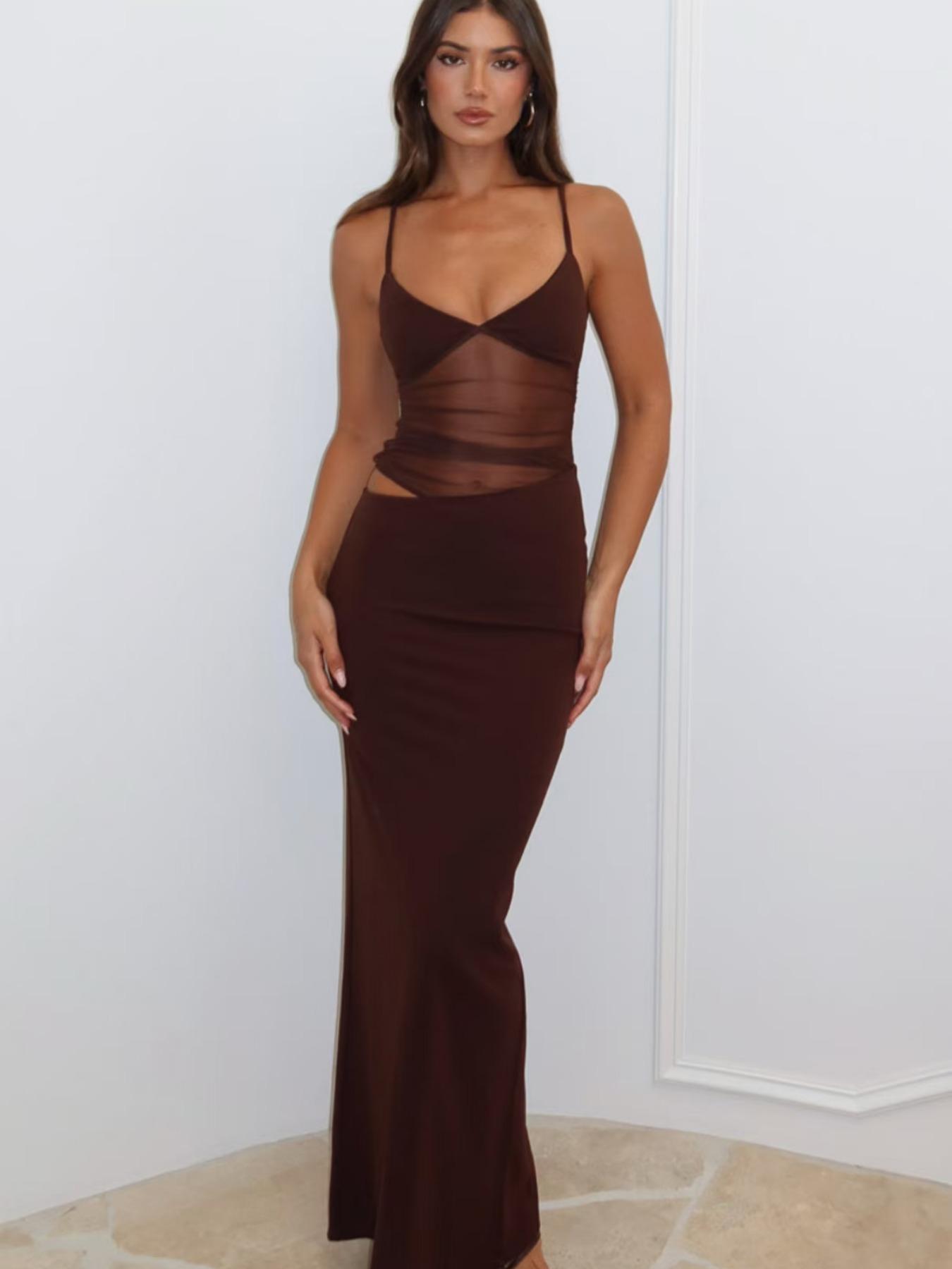 Women's Solid Sheer Cami Dress, Elegant Adjustable Spaghetti Strap Maxi Dress for Party Club Dating Wear, Ladies Summer Clothes