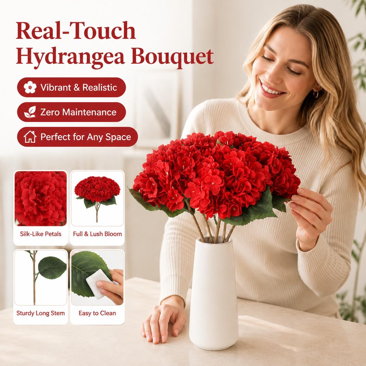 4 Pcs Leafy Artificial Hydrangeas, DIY Home Decor, Hotel Wedding Centerpieces, Low Maintenance, Evergreen All Year Round