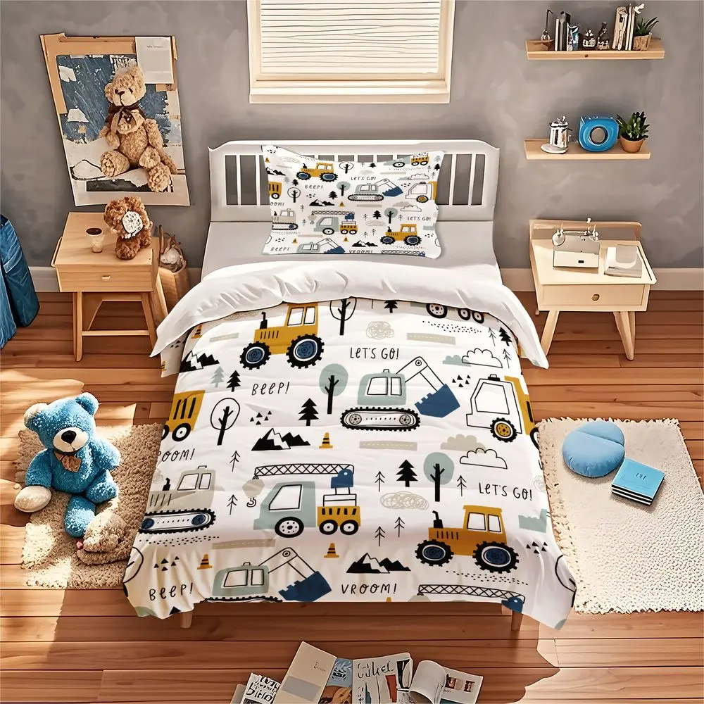 2/3Pcs Kids Construction Duvet Cover Set, Cute Cartoon Trucks Bedding Set, Boys Bedroom Decor Duvet Cover with Pillowcase, Soft Breathable Bedding for Toddler Kids Room No Fillers