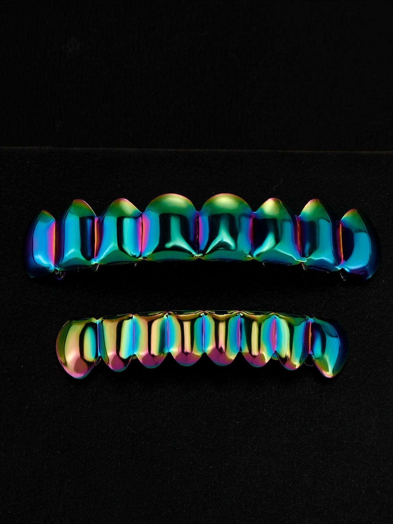 CRUSH CR Retro Cyberpunk Futuristic Iridescent Grillz Set for Men Women, High-Gloss Polished Finish, Hypoallergenic Removable, Ideal for Retro Tech-Themed Parties, 90s/00s Throwback Events, Cyber Goth Gatherings Urban Culture Festivals